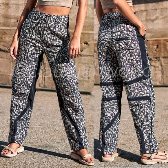 FREE PEOPLE MOVEMENT Love You Back Floral Printed Cargo Pants in Black - Picture 1 of 13